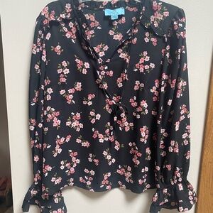 CeCe Black Floral Blouse with Pink Accents